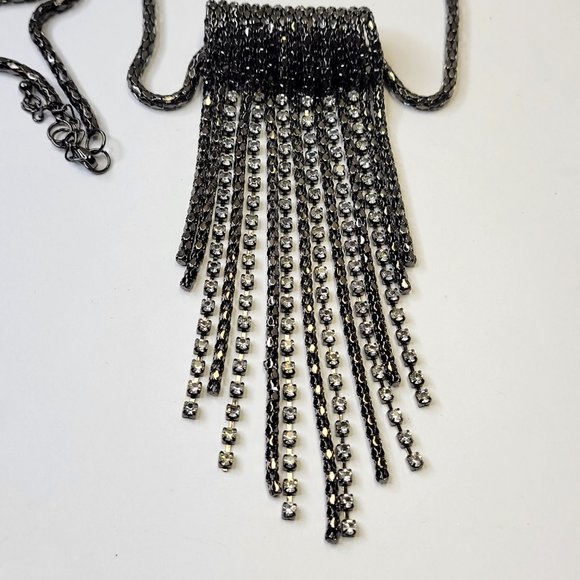Gunmetal Tone Long Necklace with Crystals Tassels - Picture 8 of 15